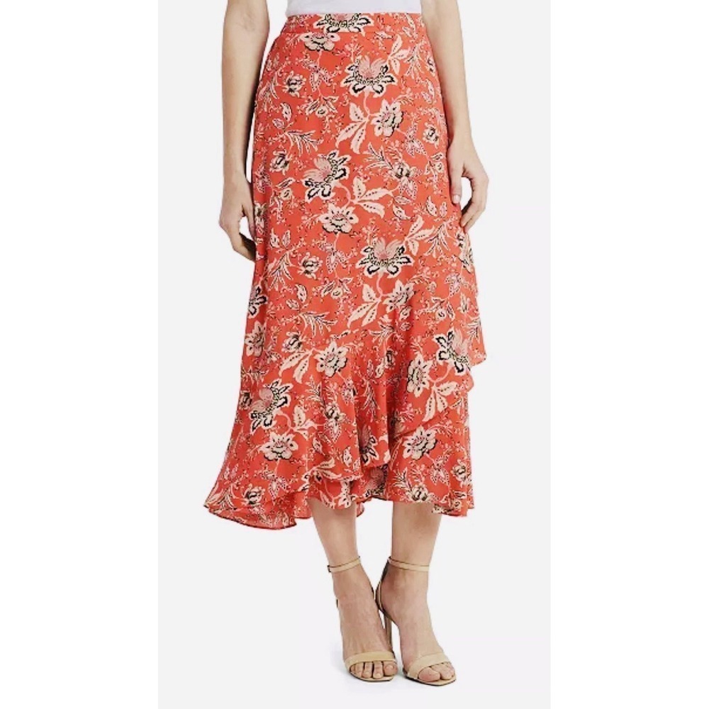Vince Camuto Antique Floral Faux Wrap Ruffle Asymmetrical Hem Midi Skirt Size 4